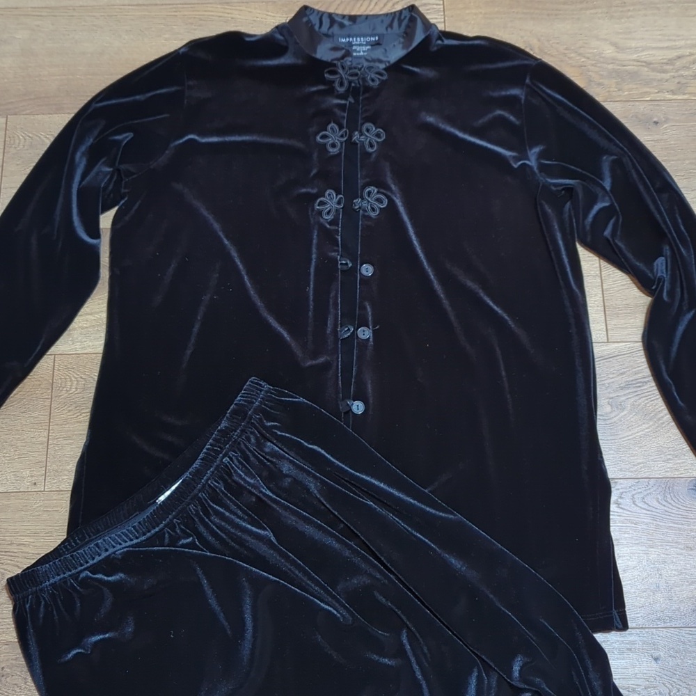 Vtg Impressions Lifestyle + Clio military tunic + midi skirt black velvet L/PL